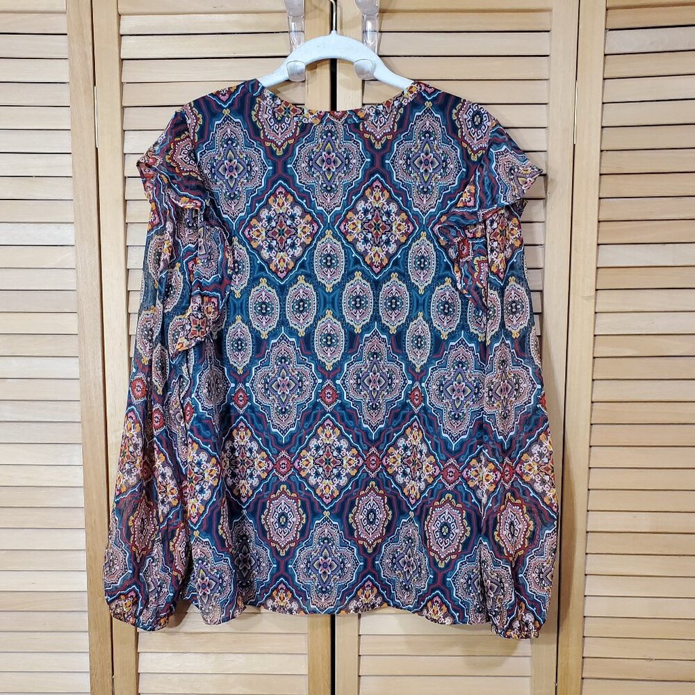 LOFT Green Medallion Print Blouse With Ruffle Shoulder L - Picture 6 of 8